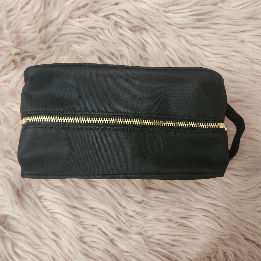 Milani makeup bag travel pouch black nylon gold embroidered